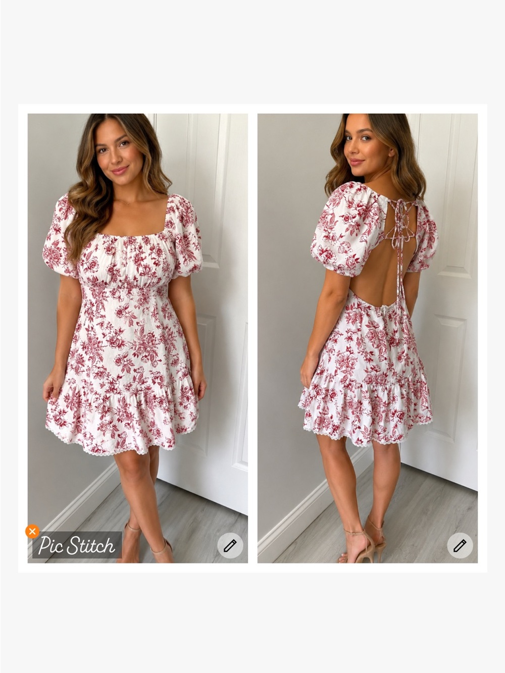 INA Red White Cotton Toile Puff Sleeve Mini Dress
